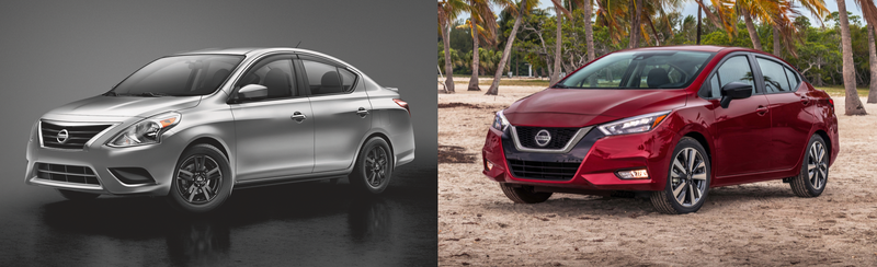 The 2019 Nissan Versa sedan (left) and 2020 Versa sedan (right).